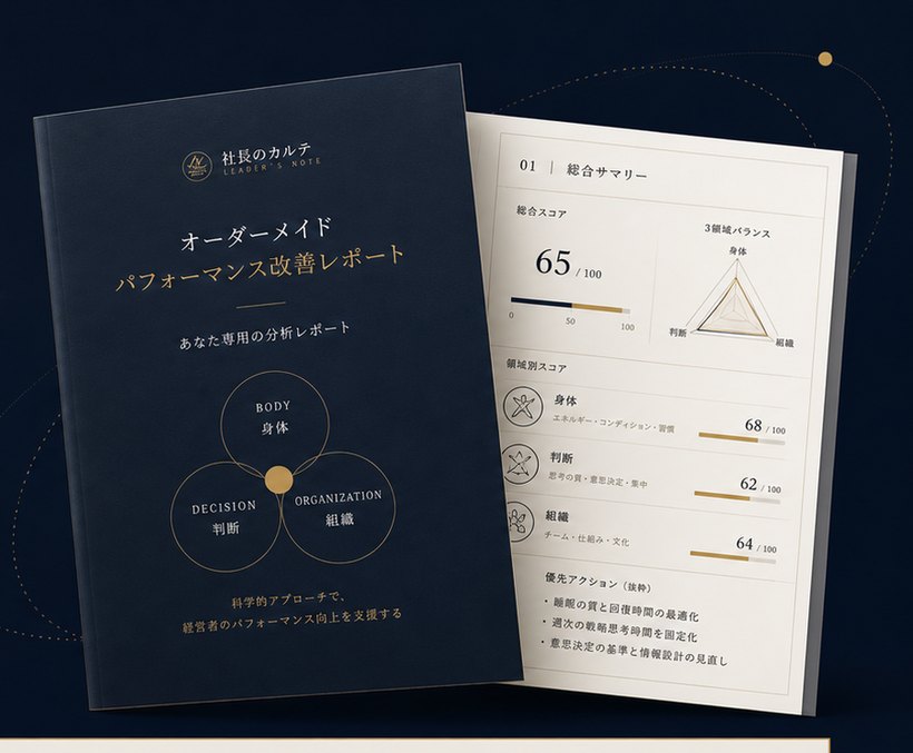 オーダーメイド パフォーマンス改善レポートの見本（総合スコア・3領域バランス・優先アクション）